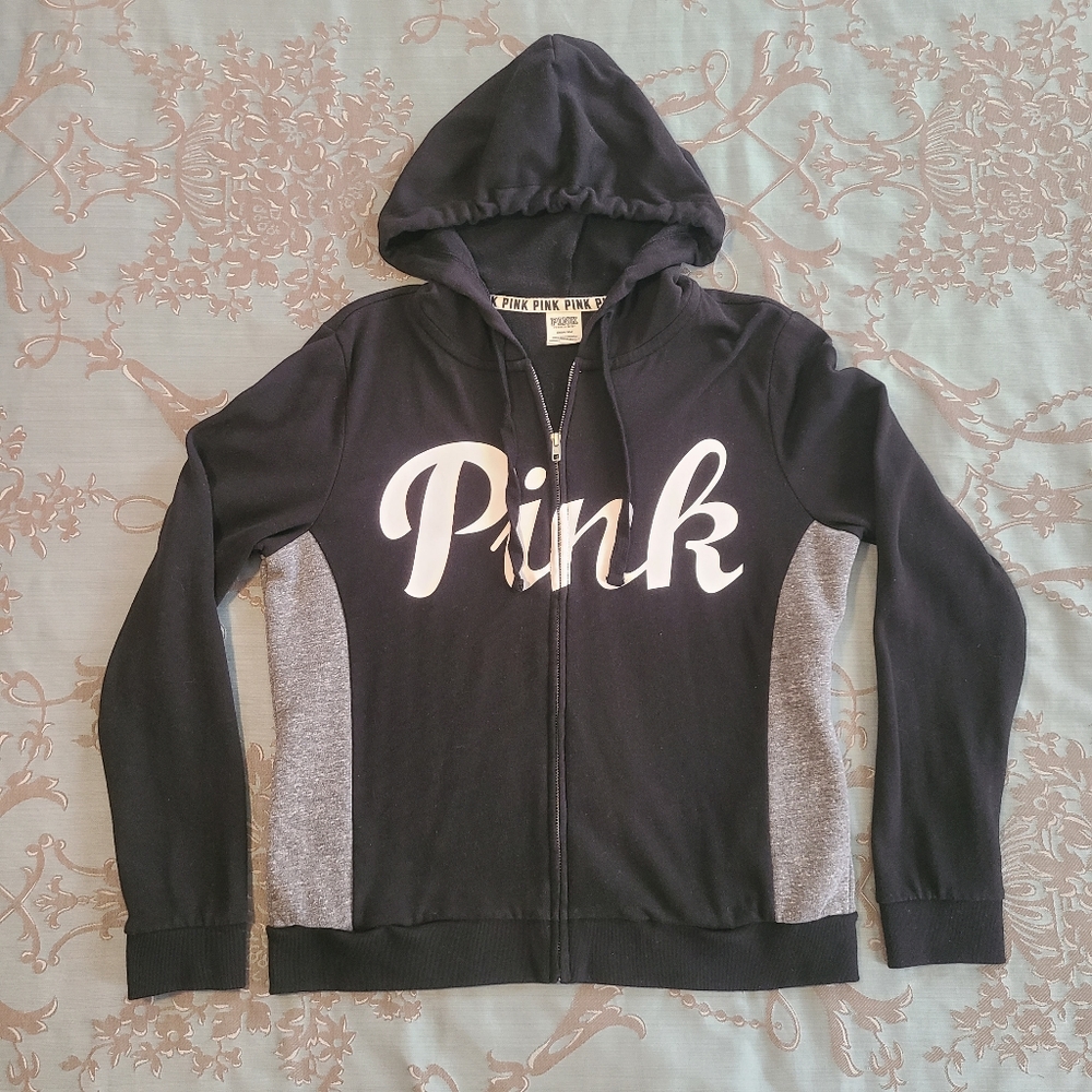 Victoria's Secret PINK Black Gray White Full Zip Hoodie Women Size Large